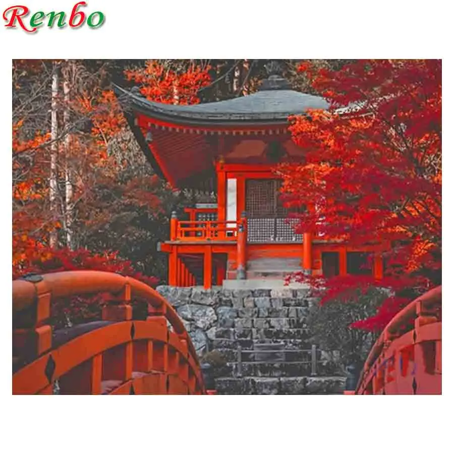 

5D Diamond Painting DIY Full Square Drill Embroidery Japanese Temple Picture Rhinestone Autumn Scenery Needlework Wall Decor