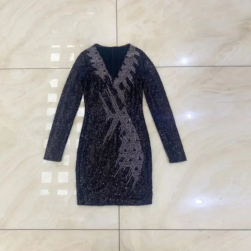 

2019 Autumn New Design Black Long Sleeve Fashion Beaded Sequined Sexy V Neck Bodycon Mini Dress Women Party Elegant Vestidos