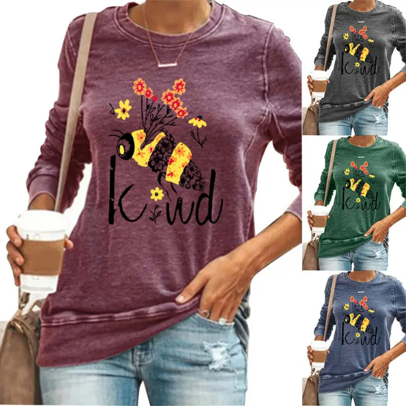 

Женские рубашки с круглым вырезом, повседневные топы, женская Свободная блузка, футболки с длинным рукавом и принтом