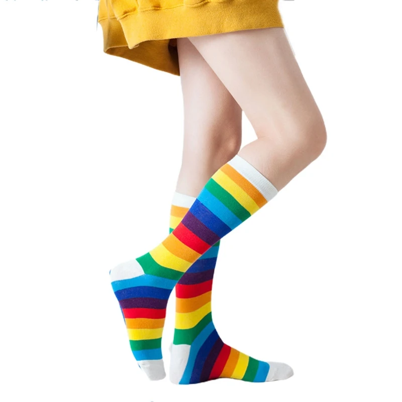 

6 Pairs Women Candy Color Rainbow Striped Long Tube Socks On the Calf Stockings