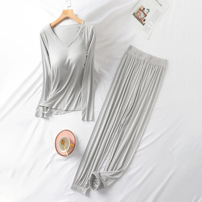 

Autumn Winter Women Modal Pajamas Sets Padded Top Long Sleeve O-neck T-Shirt All Match Tee Long Johns Bra-T Homewear