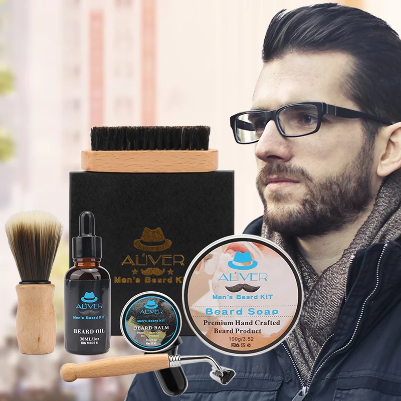

7pcs/set Men Beard Kit Barba Grooming Beard Set Beard Oil Moisturizing Wax Blam Comb Essence Styling Scissors Hair