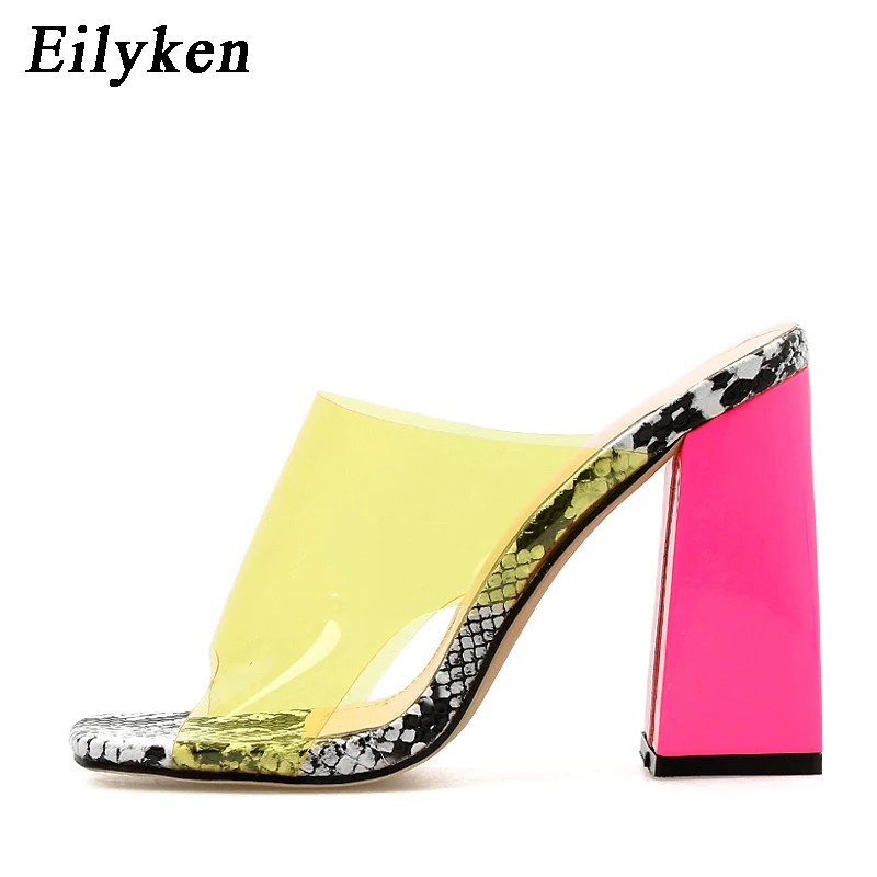 Yellow Eilyken/ г.; летние туфли без задника на высоком квадратном каблуке; женские шлепанцы; повседневные прозрачные Шлепанцы из ПВХ; Размеры 35-42 - Цвет: Yellow