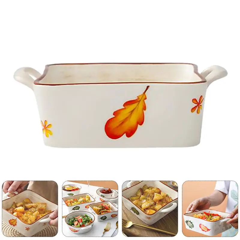

1pc Square Ceramic Baking Tray Home Baking Dish Bakeware Pan with Handles