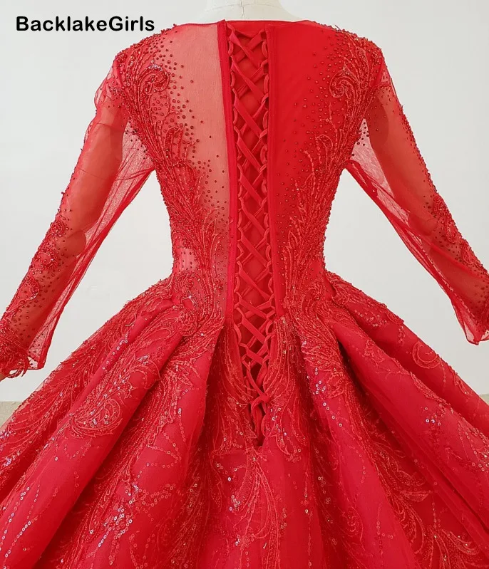 Роскошные красные свадебные платья принцессы с длинным рукавом из тюля