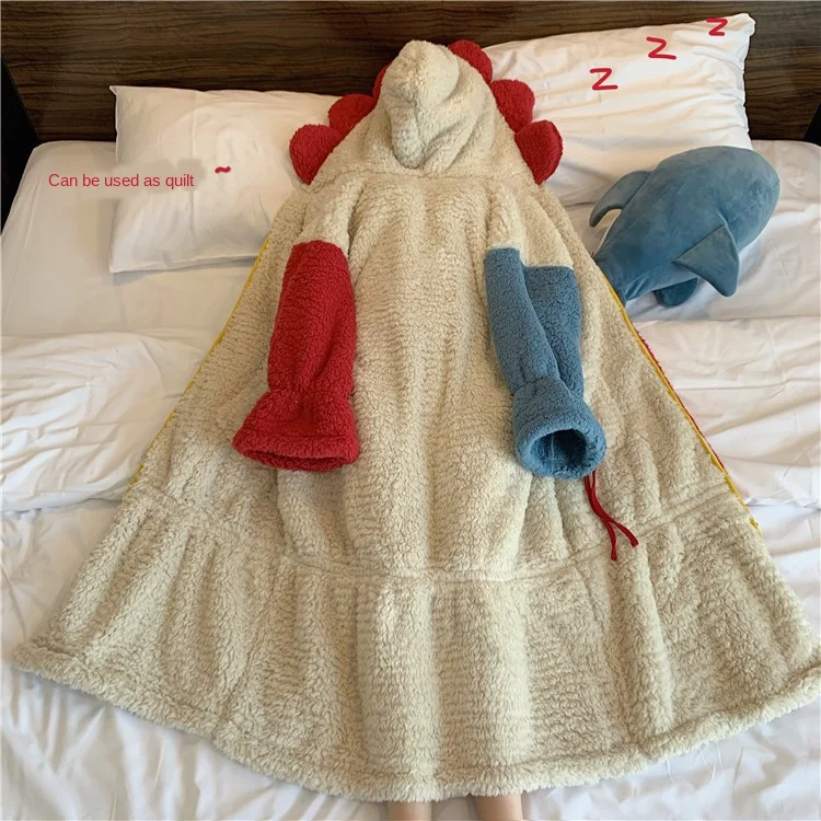 

ATUOH Winter Flannel Contrasting Color Hooded Thick Warm Leisure Tops Pajamas Coral Fleece Nightdress Nightgown