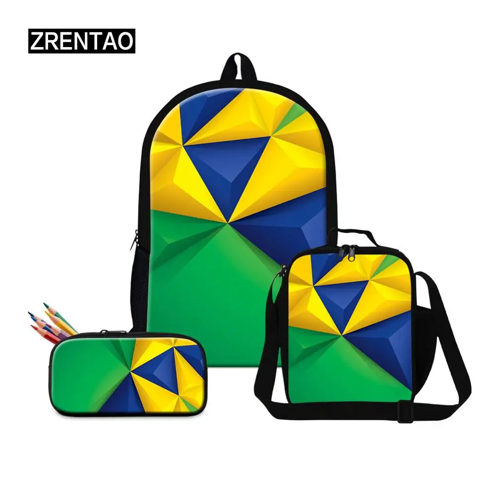 Зеленый бразильский футбольный узор 3 шт./компл. холст школьный рюкзак с Lunchbagpencilbox