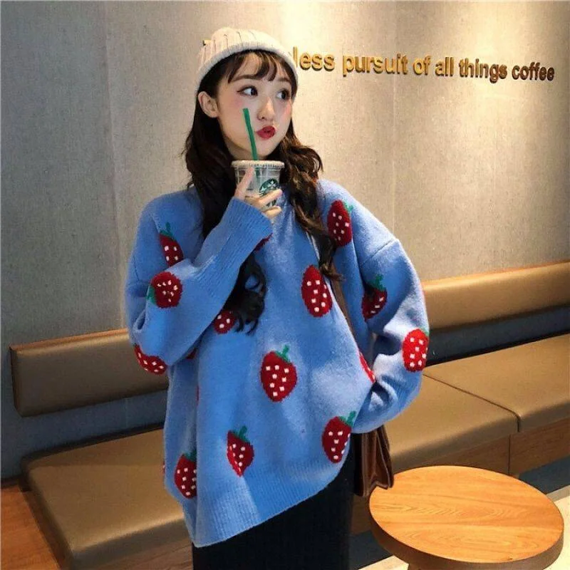 Cute Korean Fashion Ladies Full Sleeve Women Knitting Sweater O-Neck Pullover And Jumper Loose Fruit Print | Женская одежда
