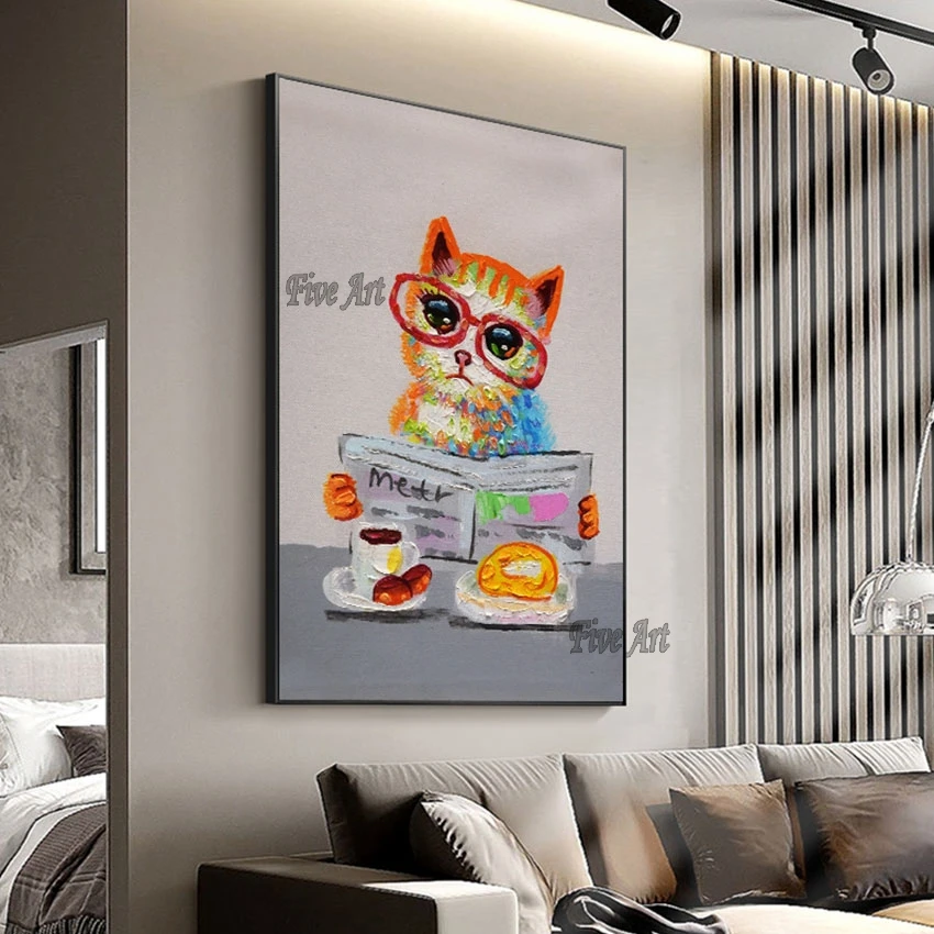 

No Framed Modern Pallet Knife Cute Cat Cartoon Abstract Oil Painting Canvas Home Decoration Large Living Room Wall Picture
