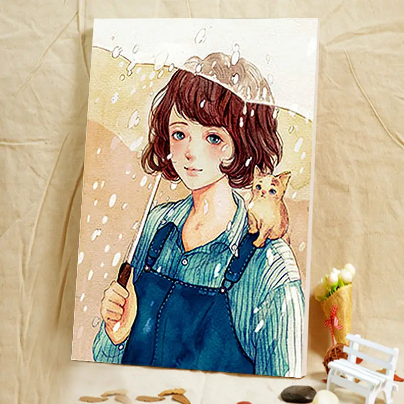 Картина на холсте плакат настенная печать зонт мультяшная кошка девушка