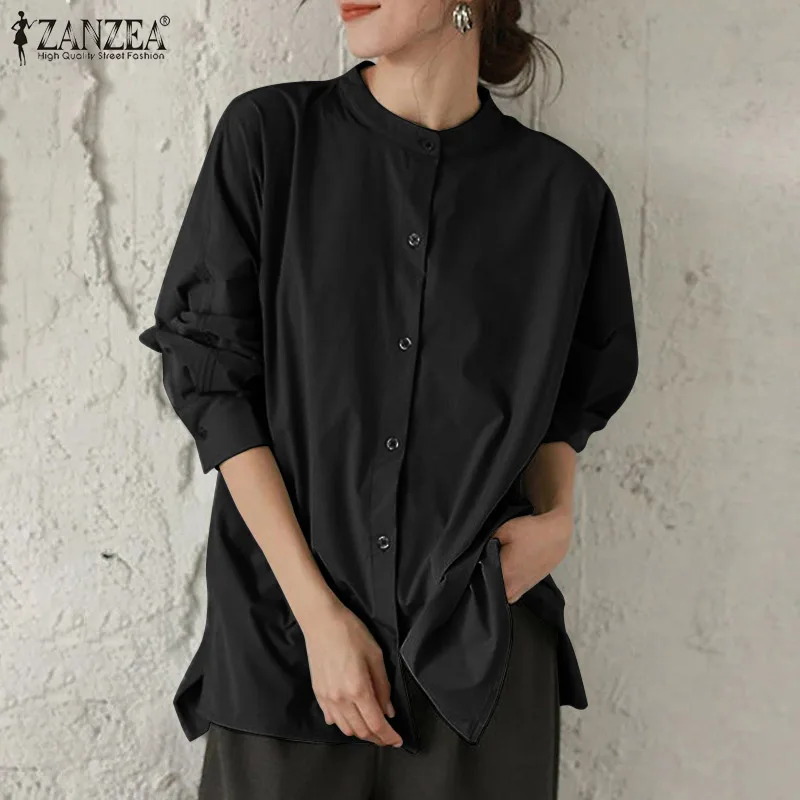 

Рубашка женская с низким воротником, элегантная свободная сорочка на пуговицах, повседневный топ для отдыха, однотонная блузка с длинным ру...