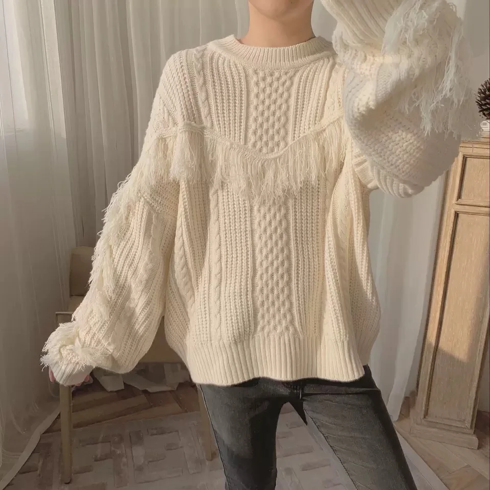 Белый вязаный свитер с бахромой женские зимние пуловеры новинка 2019 вязаные
