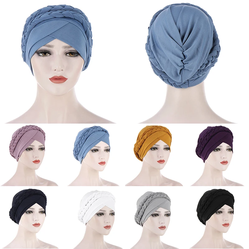 

Women Ladies Muslim Hair Loss Stretch Turban Caps Cancer Chemo Hat Solid Color Braid Head Scarf Beanie Bonnet