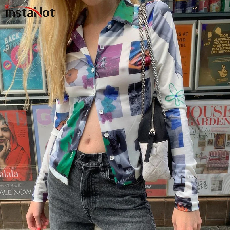 

InstaHot/женские рубашки с принтом на пуговицах, с длинным рукавом, базовый топ, блузки, элегантные, повседневные, 2021, осень, весна, уличная одежд...