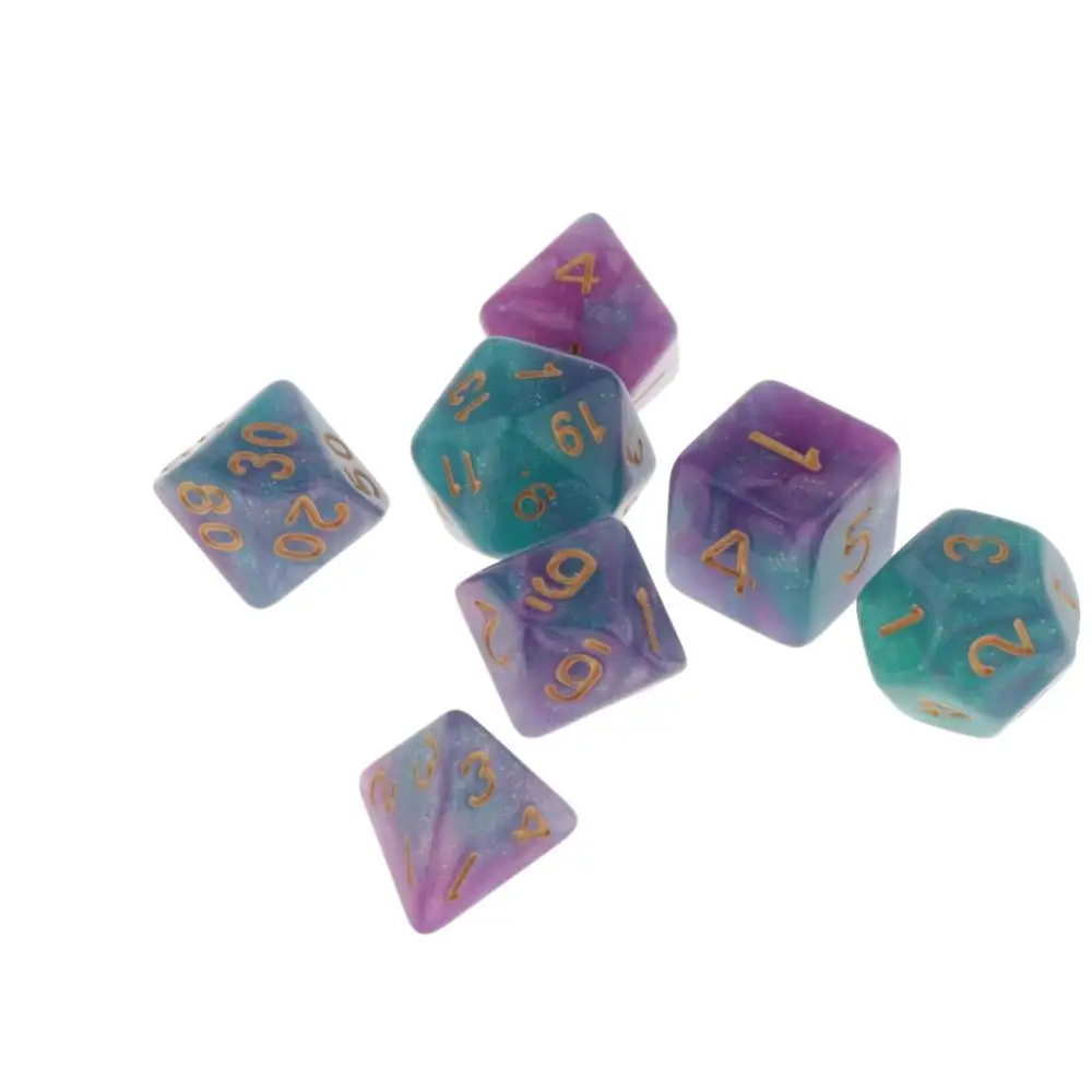 Purple Blue 7 шт многогранные кости для подземелий и драконов DND Dados RPG MTG настольная игра D20 D12 D10 D8 D6 D4 набор разноцветных кубиков и кубиков - Цвет: Purple Blue