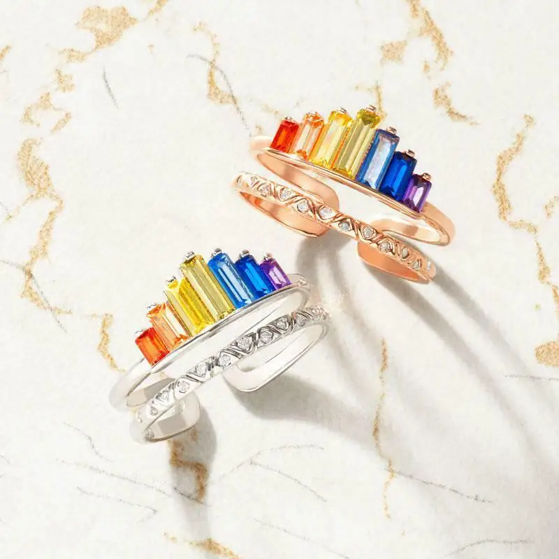 

Gold Filled Rainbow Baguette Rings for Women Adjustable Crystal Cuff Ring AAA Cubic Zirconia Open Ring Statement Jewelry Party