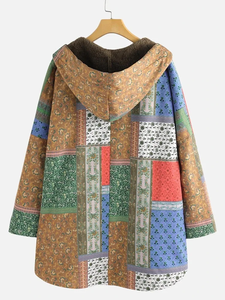 Retro Boho Cotton Jacket Parkas Casual Ethnic Print Fleece Hooded Warm Coat Women Outwear Loose Plus Size M-5XL Winter Clothes
