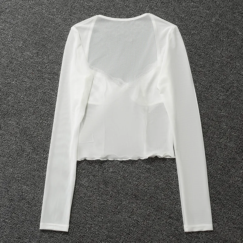 

ALLNeon Fashion Y2K Lace Trim Mesh Crop Tops 90s Aesthetics Patchwork Square Neck Long Sleeve White Sexy Tees Summer T-shirts