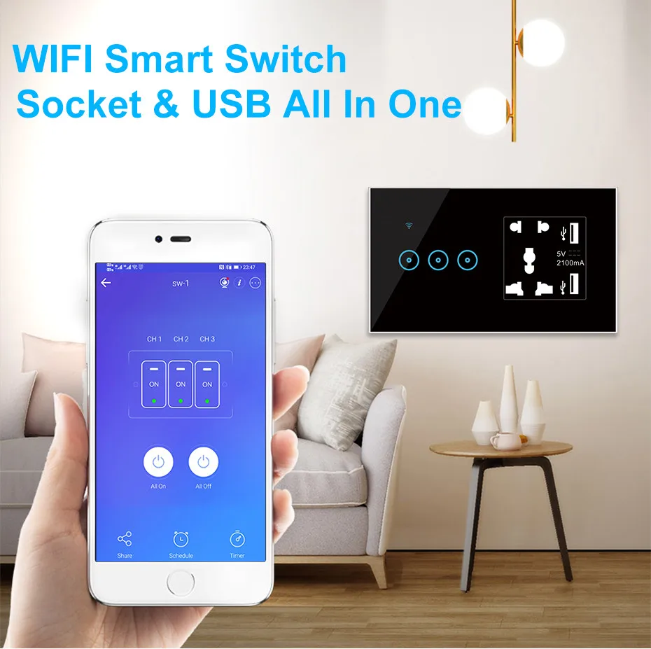 Умная розетка с Wi-Fi 5-контактная настенная стандарта