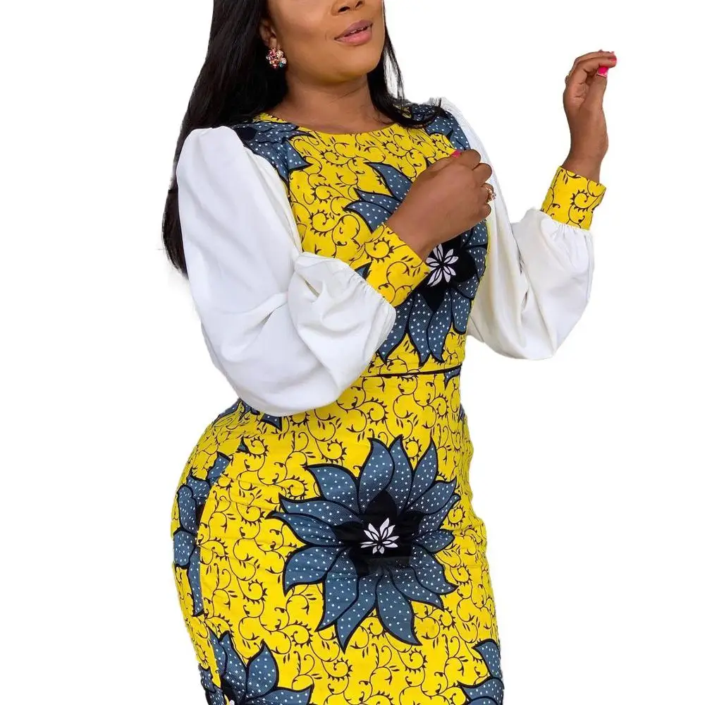 

African Office Dresses For Ladies 2020 Formal Classy Yellow Floral Mermaid Bodycon Mid Calf Elegant Business Work Cloth Dress ol