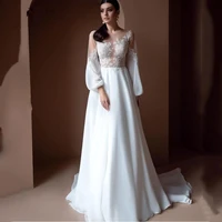 bohemian sheer lace wedding dress a line puff long sleeve chiffon bridal gowns buttons back vestido de mariee 2021