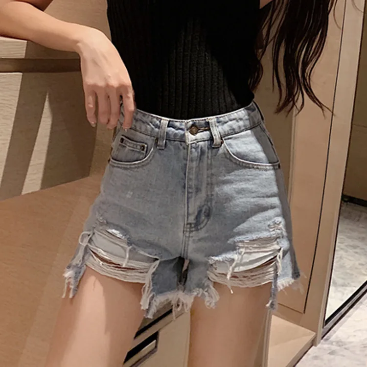 

Джинсовые шорты женские с завышенной талией, пикантные модные штаны из денима с дырками в Корейском стиле, для девушек, лето 2021