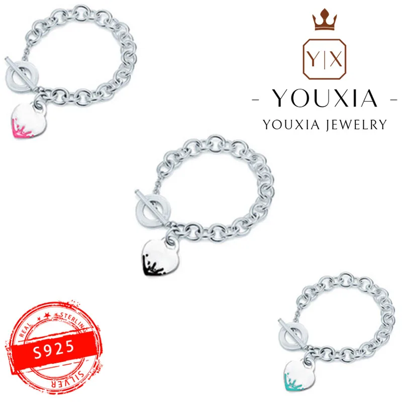 

925 Sterling Silver Custom Heart-shaped Elegant Pin Buckle Splash Ink Bracelet