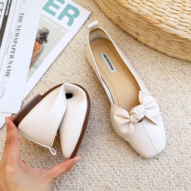 

SLHJC Women New Ballet Flats Shoes Square Toe Slip On Leather Loafers Summer Spring Casual Boat Shoes