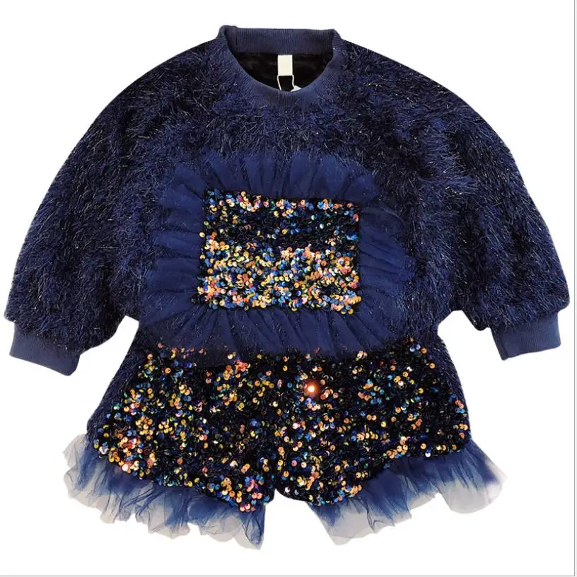 Бархатные комплекты с блестками для маленьких девочек осень 2019 новый свитер топы
