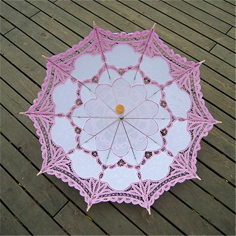 

Newly Handmade Lace Umbrella Victoria Style Parasol Umbrella with Long Handle Photography Prop for Wedding Outdoor Sun X