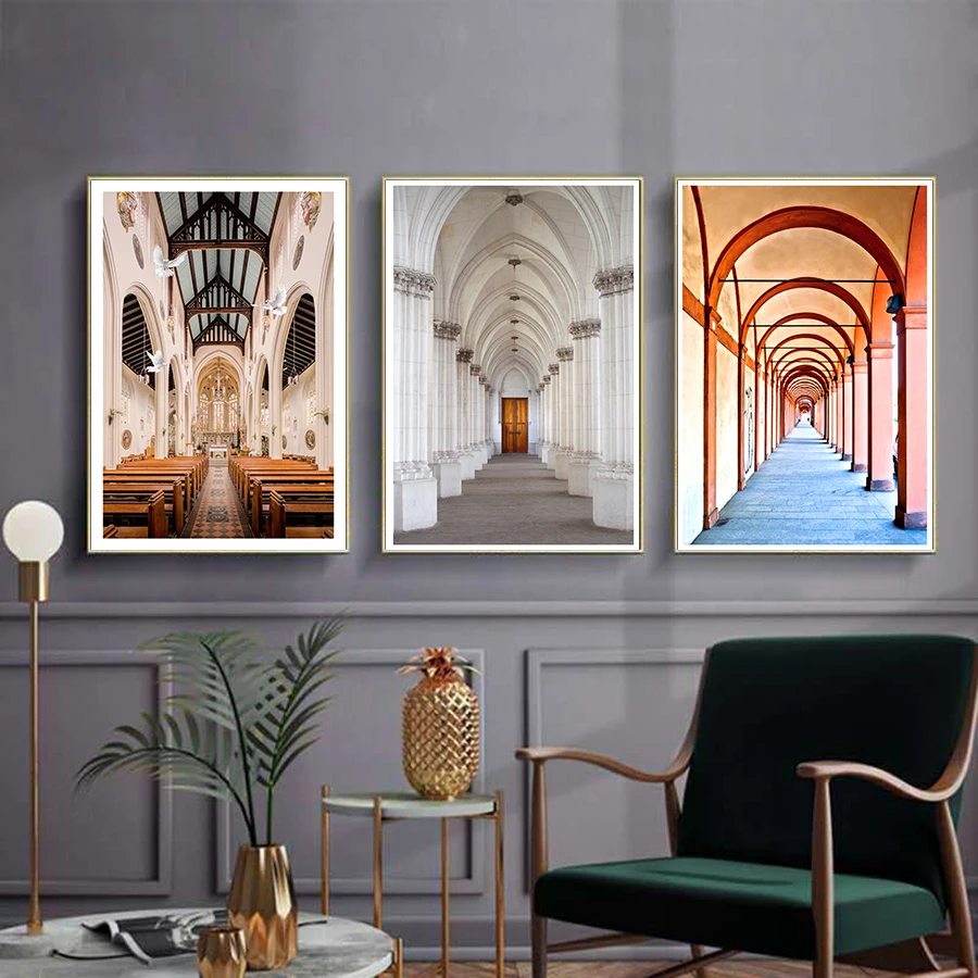 

Modern Church Corridor Poster Roman Column Landscape Wall Art Nordic Canvas Painting Print Pictures for Living Room Decoration