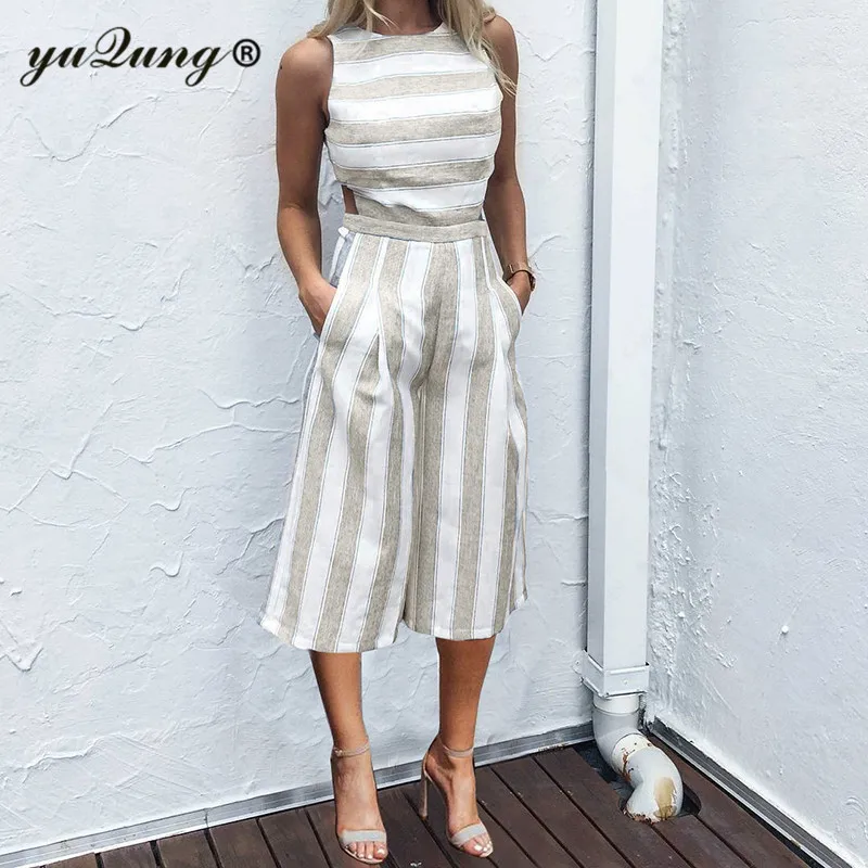 Женский летний длинный комбинезон yuqung в полоску элегантный пляжный без рукавов с