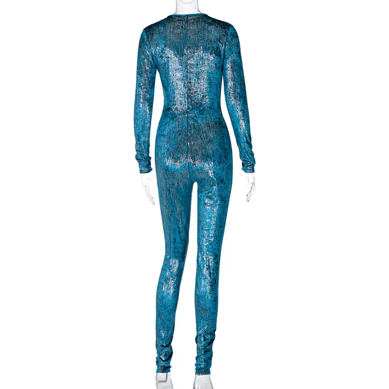 

Fashion Spring Bodycon One Piece Overalls Solid 2021 New Woman Long Sleeve V-neck Zip Up Sequined Skinny Velvet Glitter Jumpsuit