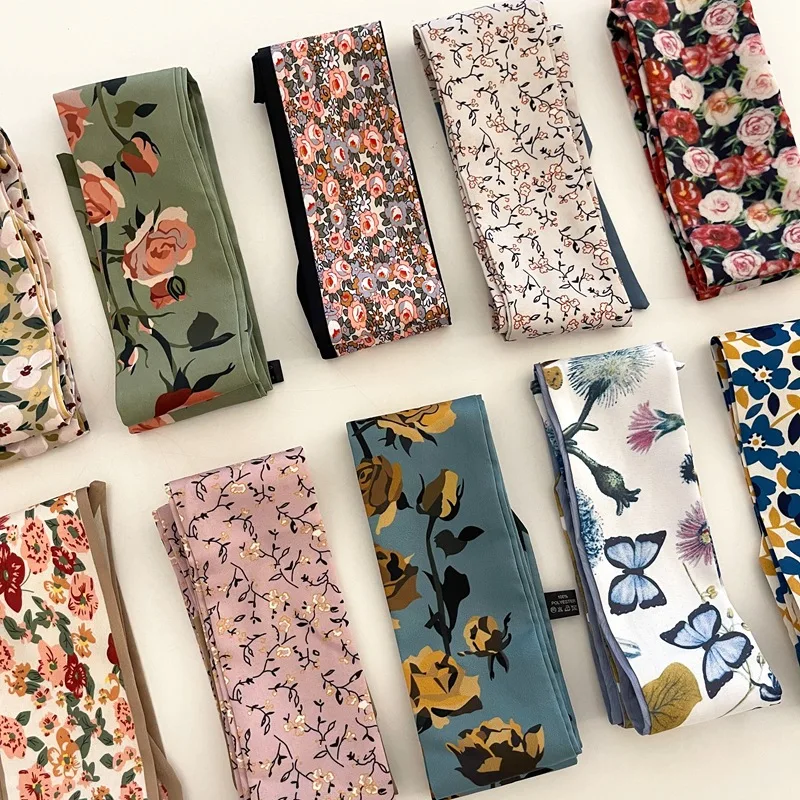 

Small Silk Scarf For Women 2022 New Print Handle Bag Ribbons Brand Head Scarf Shawls and Wraps Long Skinny Scarves Wholesale