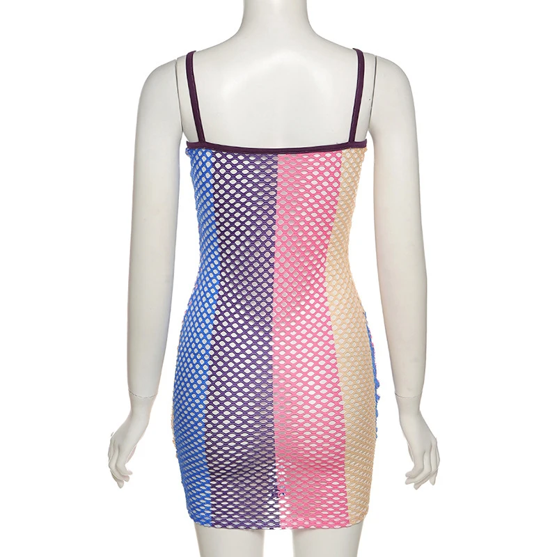 

NOVAINSPO Mesh Multicolor Patchwork Skinny Cut Out Mini Dresses Fashion Low Cut Sexy Transparent Streetwear Summer Light Dress