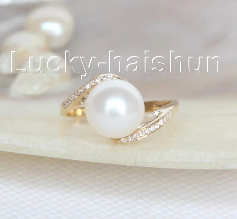 

10 мм круглые белые пресноводные перламутровые Кольца 14KT ТВЕРДОЕ ЗОЛОТО 8 #