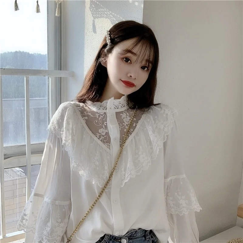 

Autumn Korean Sweet Loose Clothes Lace Up Ruffled Women Blouses Fashion Stand Collat Ladies Tops Vintage Lace Shirts Women 11335