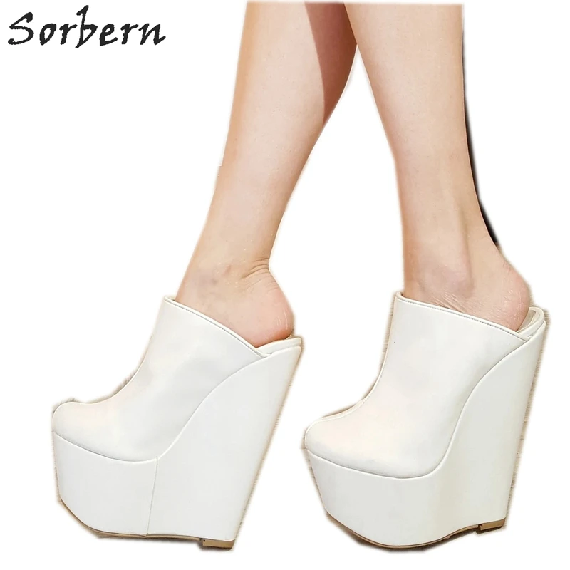 

Sorbern White Slip On Mules Wedge Platform High Heels Pointed Toe 7 Inch Heels Womans Designer Shoes Custom Multi Colors