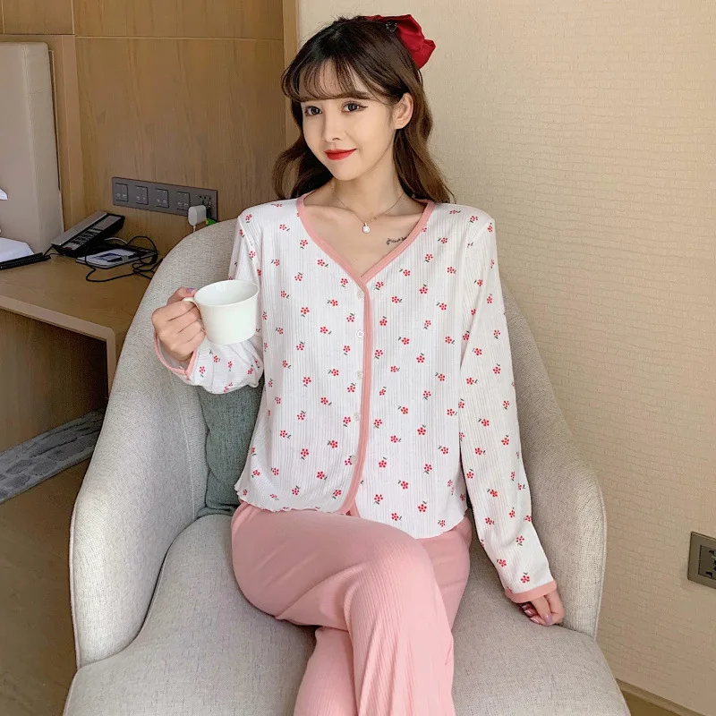 Women's pajamas pure cotton cardigan long-sleeved princess wind small floral home service suit spring and autumn пижама женская