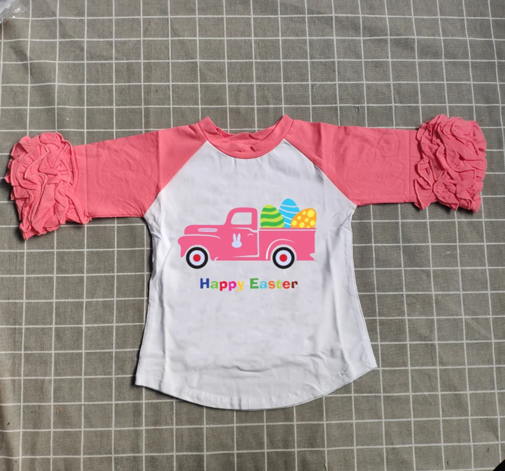 

new arrival Easter baby girls pink gray truck egg bunny cotton boutique top T-shirt raglan children clothes ruffles icing sleeve