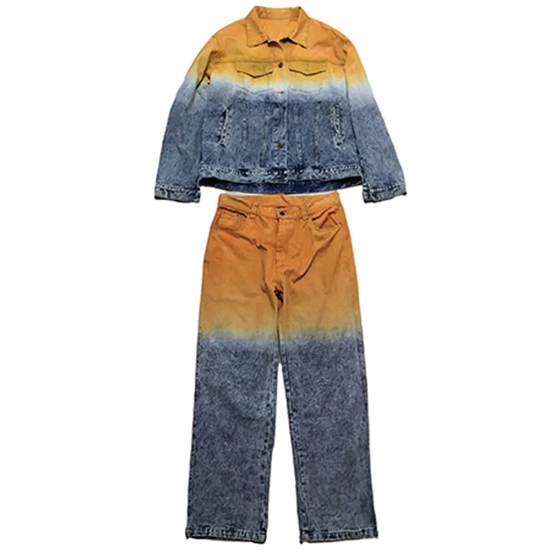 2 Pieces Sets Men Fashion Gradient Single Breasted Denim Jeans Jackets Coats and Zipper Straight Pants Joggers Streetwear Sets