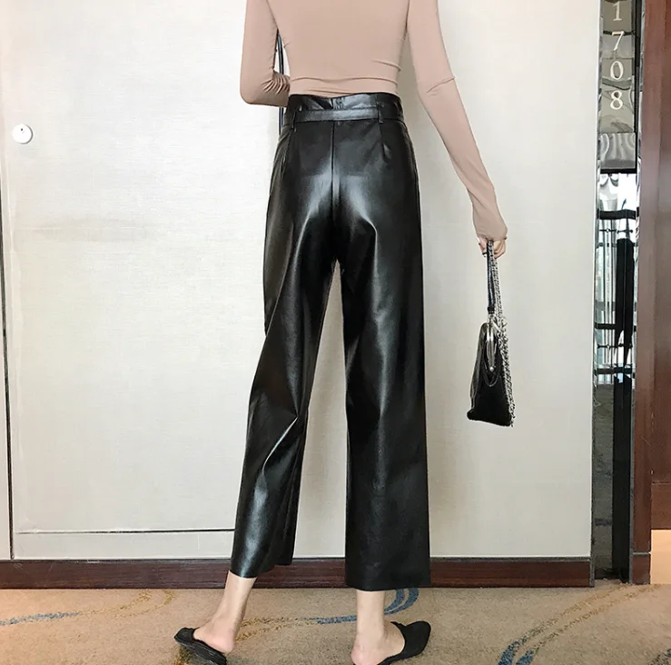 Autumn Faux PU Leather Pants Women With Belt High Waisted Wide Leg Anke-length Women's Trousers 2019 Winter NEW Fashion Clothes |