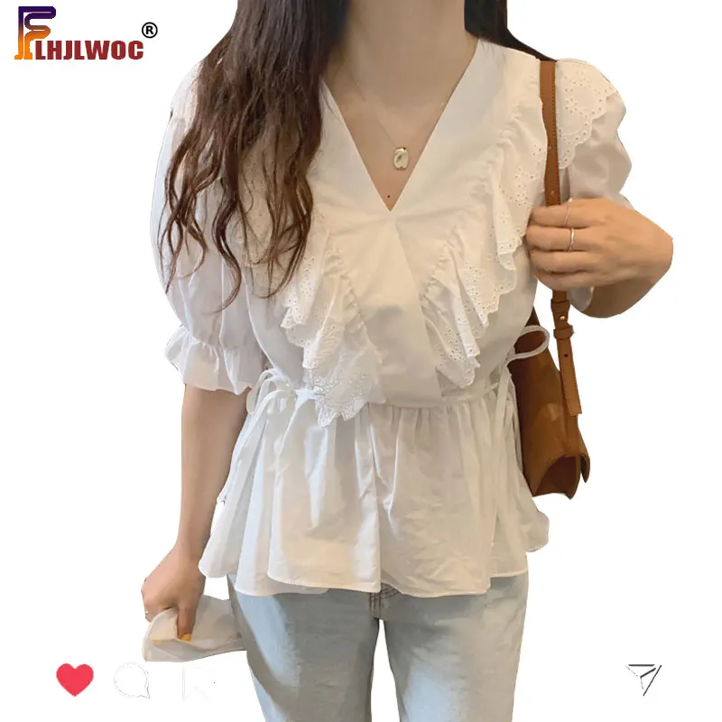 

White Lace Ruffled Chic Tops Summer Puff Sleeve Lace-Up Shirts Korean Japan Style Preppy Girls Peplum Blouse Flhjlwoc Blusas