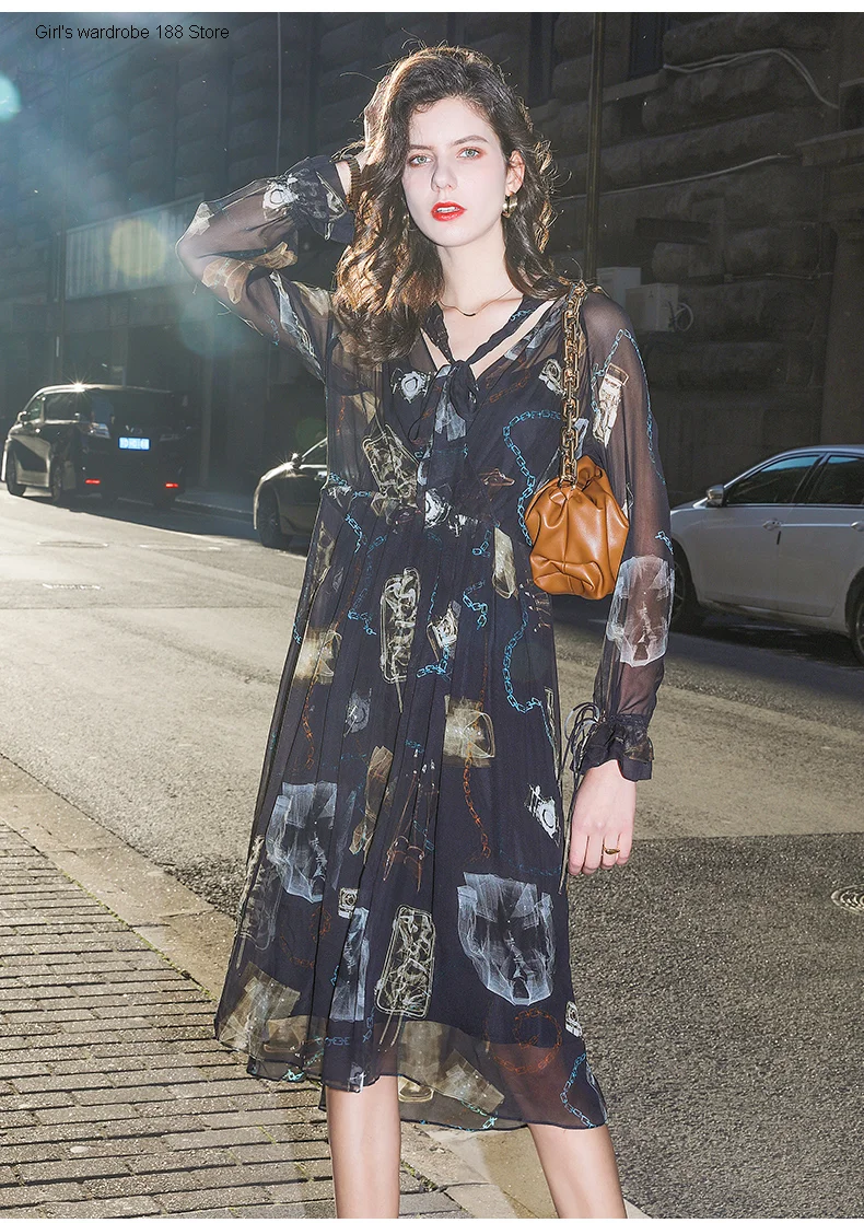 

fashion high-end women's silk dress women's long-sleeved two-piece long silk dress