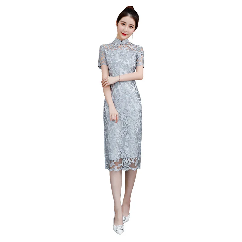 

Chinese Dress Water-soluble Embroidered Lace Cheongsam Daily Slim Cheongsam Dress Qipao Wedding
