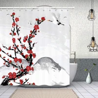 asian japanese red cherry blossom flowers shower curtains mountain white bird polyester mount fuji bath curtain for bathroom set