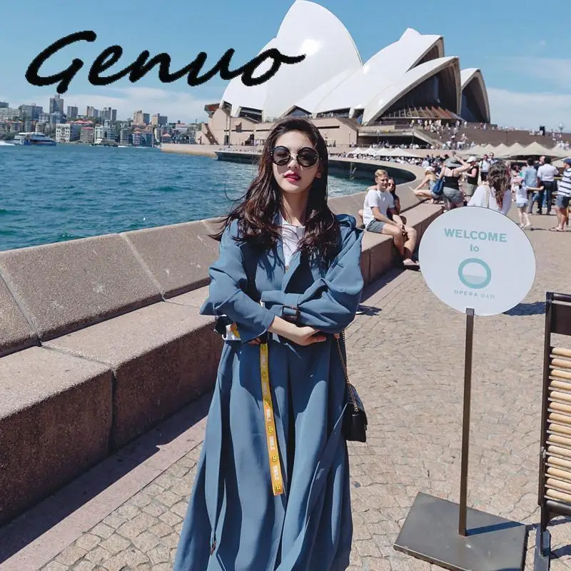 

Genuo 2019, новая мода, ветровка, пальто для женщин, британский стиль, длинный плащ, женский тонкий плащ с поясом, Женская ветровка