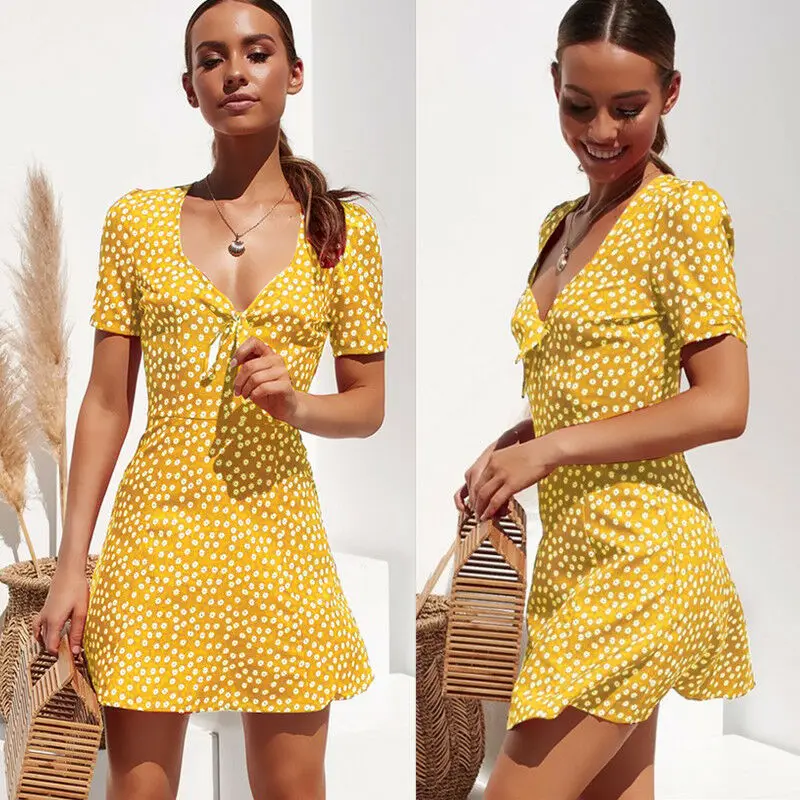 

Women Summer Casual Short Sleeve Evening Party Beach Dress Short Mini Dress Dots