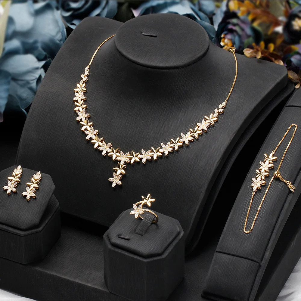 Новое поступление, Золотые Ювелирные наборы для женщин, свадебные серебряные браслеты и серьги с кристаллами, ожерелье, кольцо с подвеской, ...