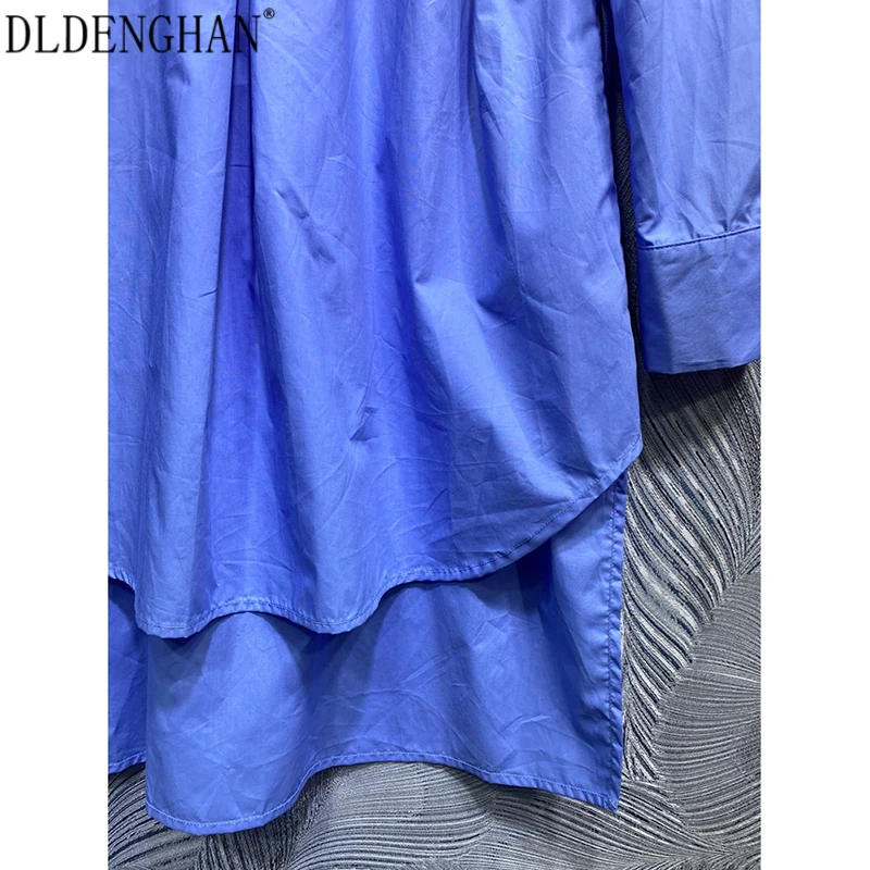 

DLDENGHAN Hollow Out Patchwork Summer Office Lady Asymmetric Dress Long Sleeve Turn-Down Collar Solid Loose Dresses Fashion New